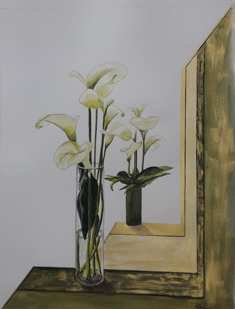Aquarelle, bouquets d'arums sur une étagère