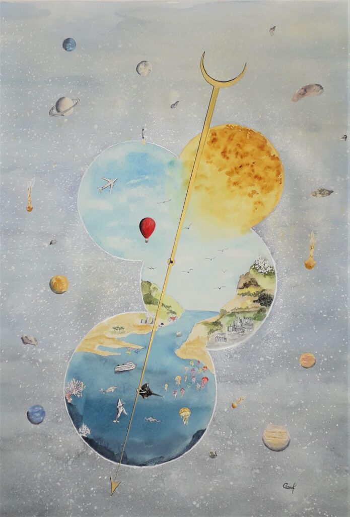 Aquarelle alertant sur la pollution, représentant les 4 éléments : feu, air terre, eau et la terre abimée