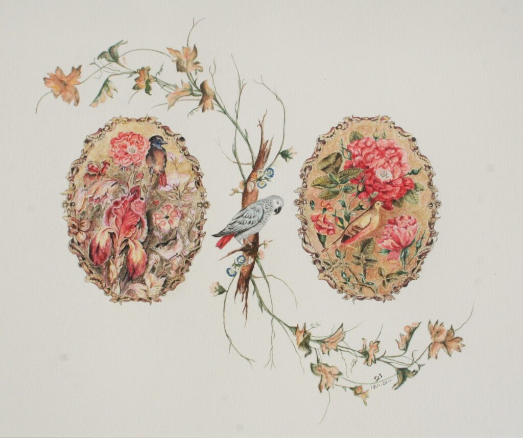 Aquarelle détaillée au pinceau sur papier Arche satiné