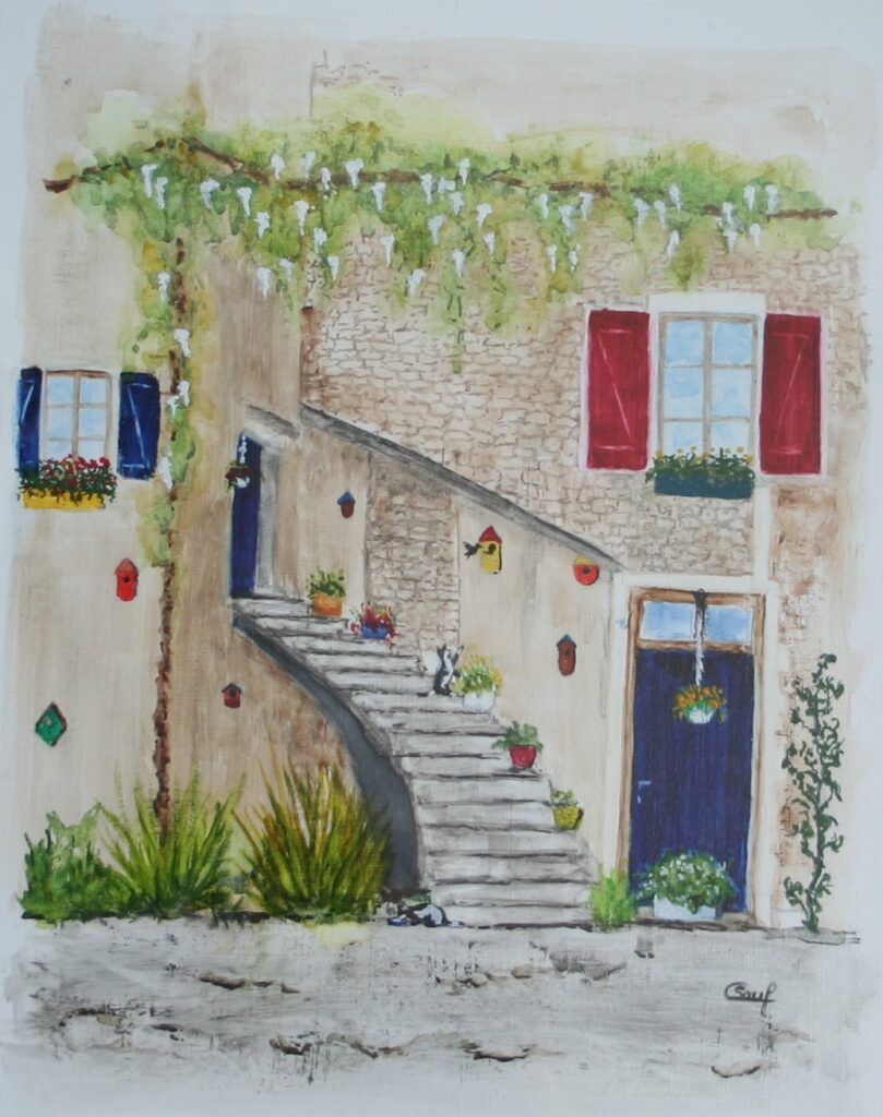 Aquarelle, escalier avec des chats et des cabanes à oiseaux
