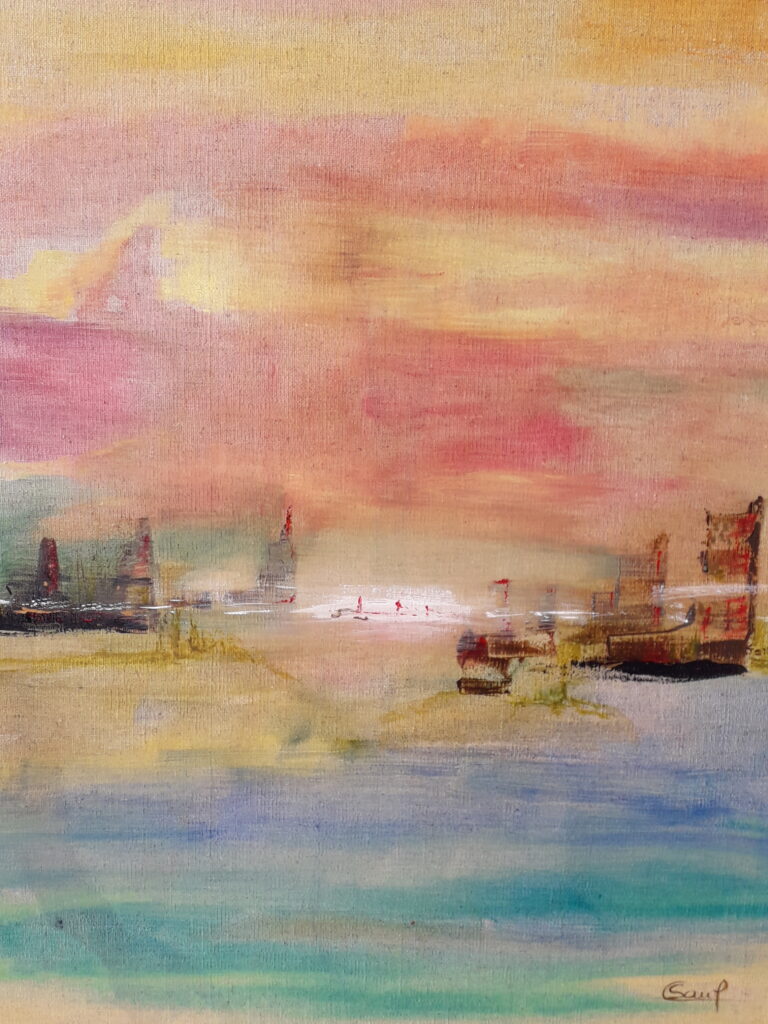 Paysage imaginaire, une ville avec une grande lueur à l'horizon représentant l'espoir