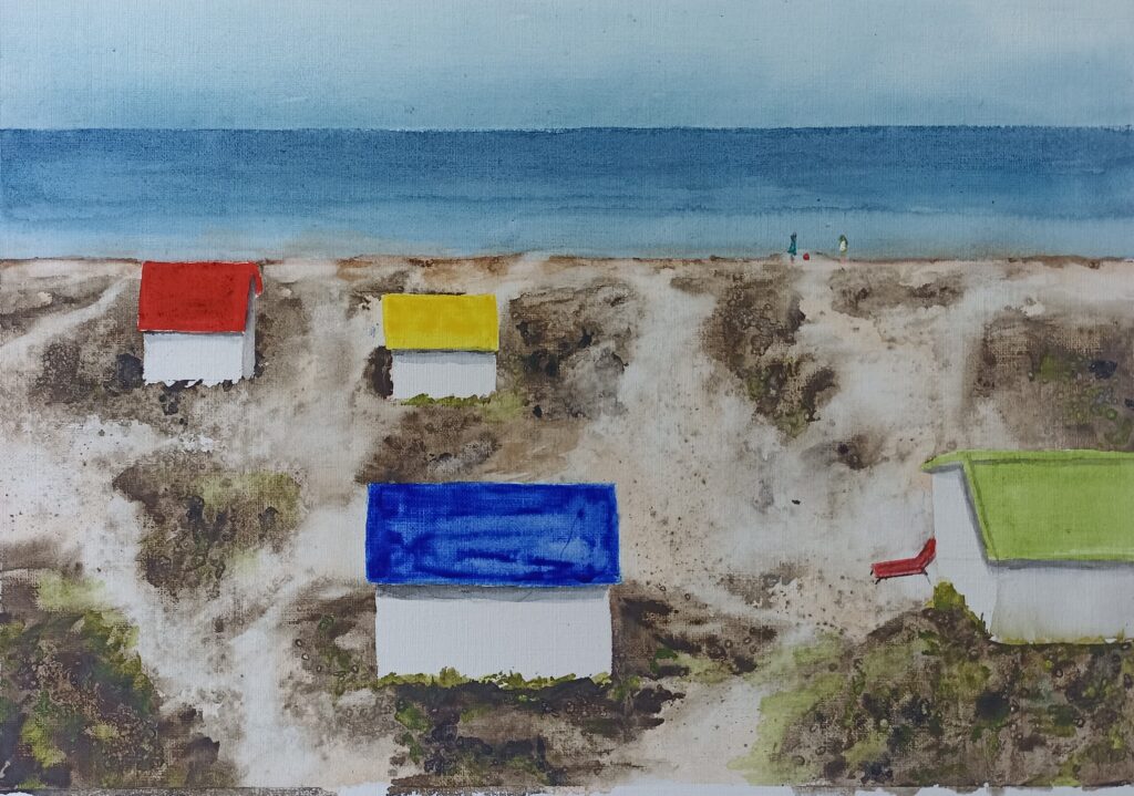 Aquarelle, cabanes sur une plage normande à l'automne