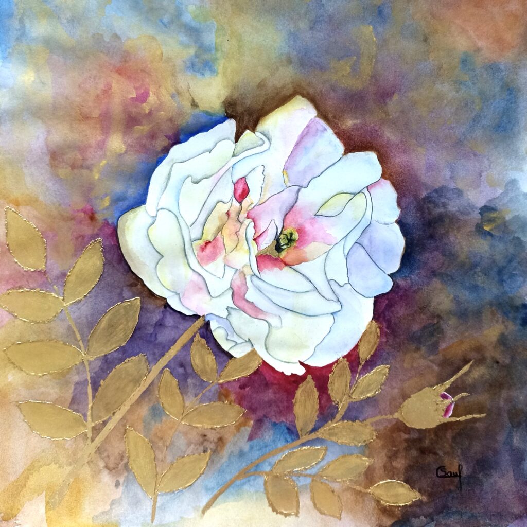 Aquarelle, tulipe stylisée avec feuille d'or