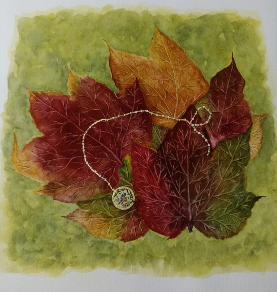 Aquarelle, collier d'or sur feuilles mortes