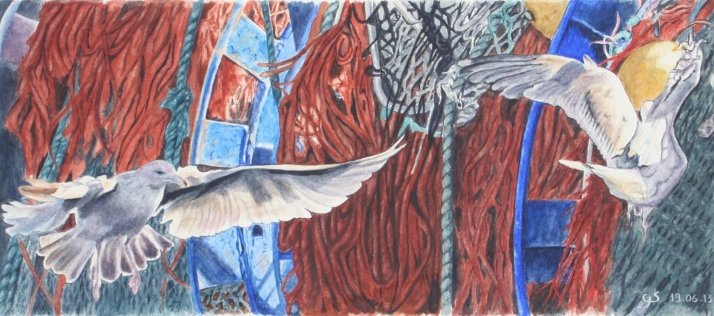 Goélands au Guilvinec, prés des filets d'un bateau, aquarelle sur papier Arche satiné