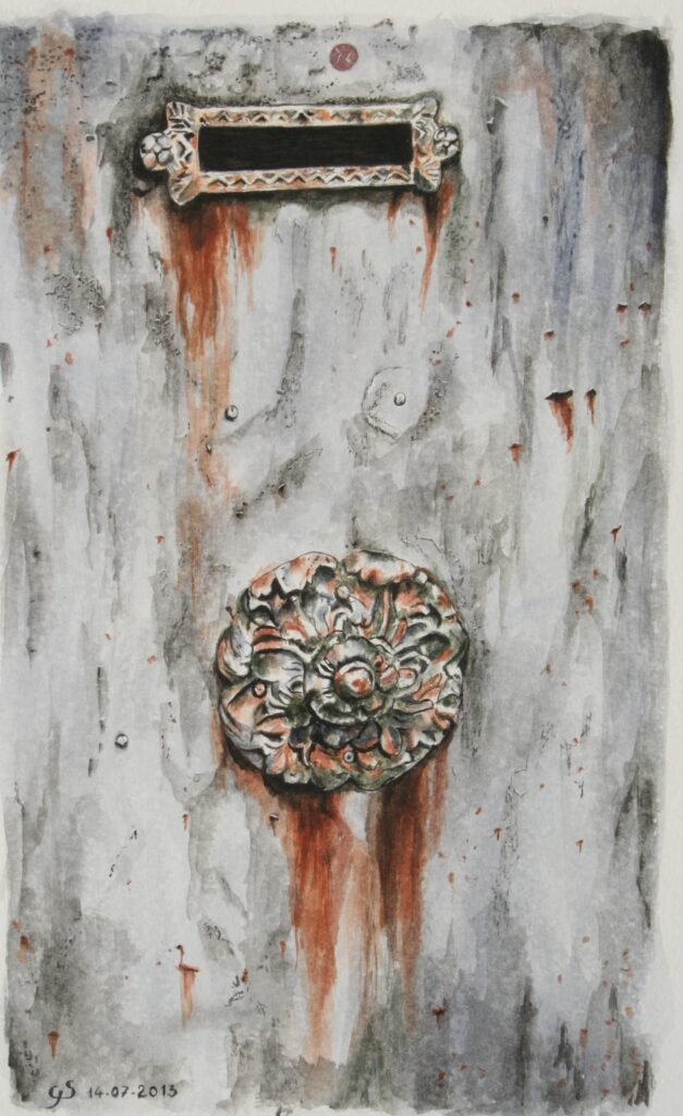 Marques du temps, aquarelle d'une porte ancienne sur Arche satiné