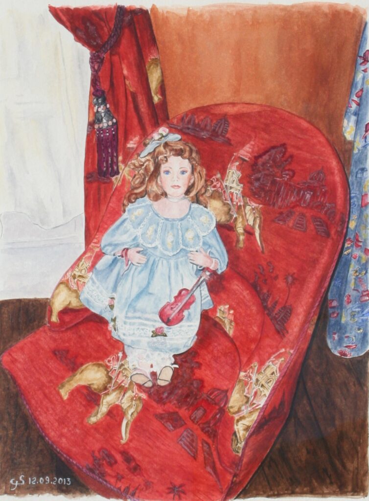 Intimité, aquarelle sur papier Arche satiné, représentant une poupée ancienne dans un fauteuil
