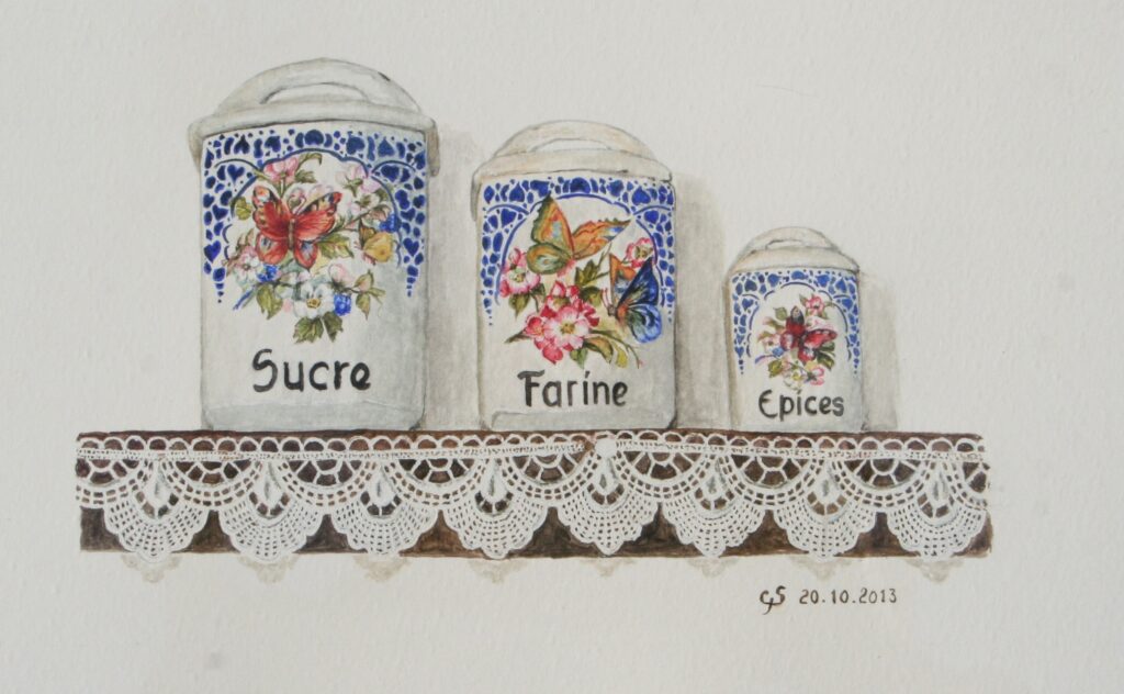 Pots d'antan, aquarelle détaillée de vieux pots à épice en faïence