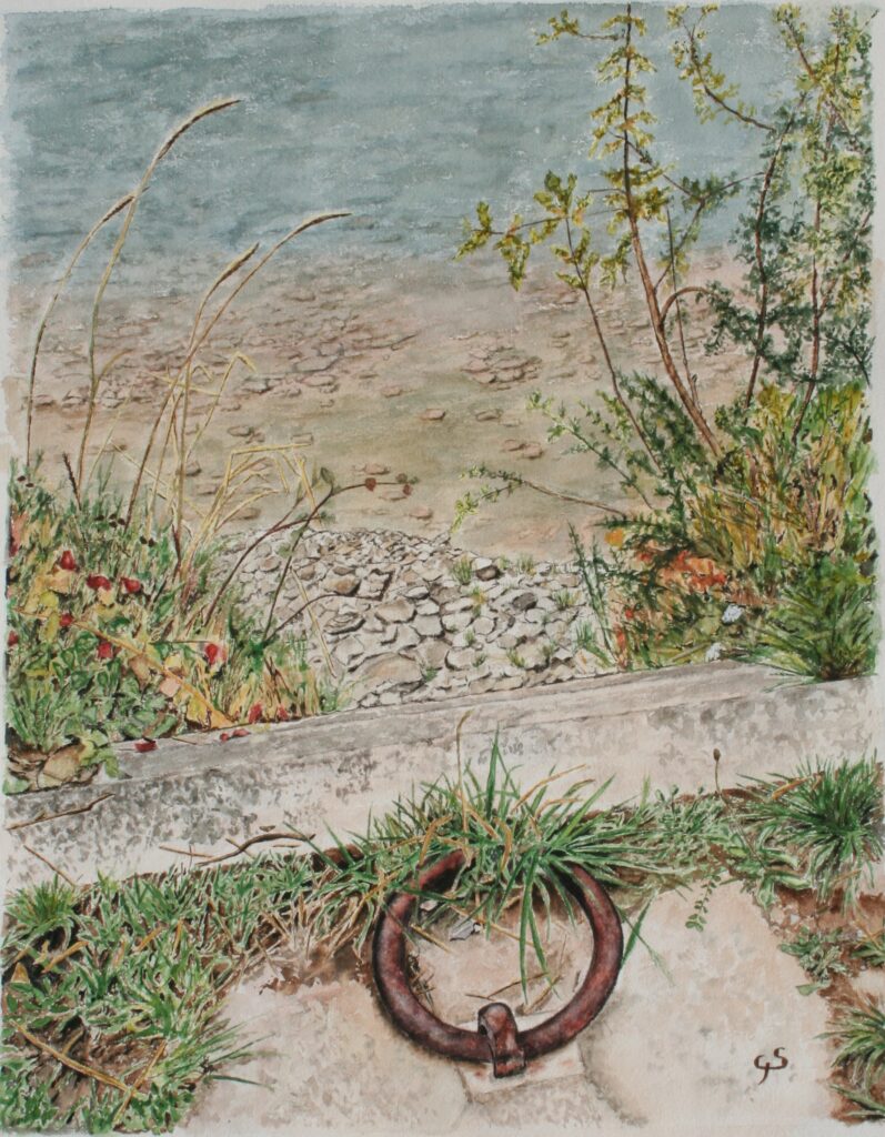 Amarrage, aquarelle représentant un vieil anneau sur un quai de Loire