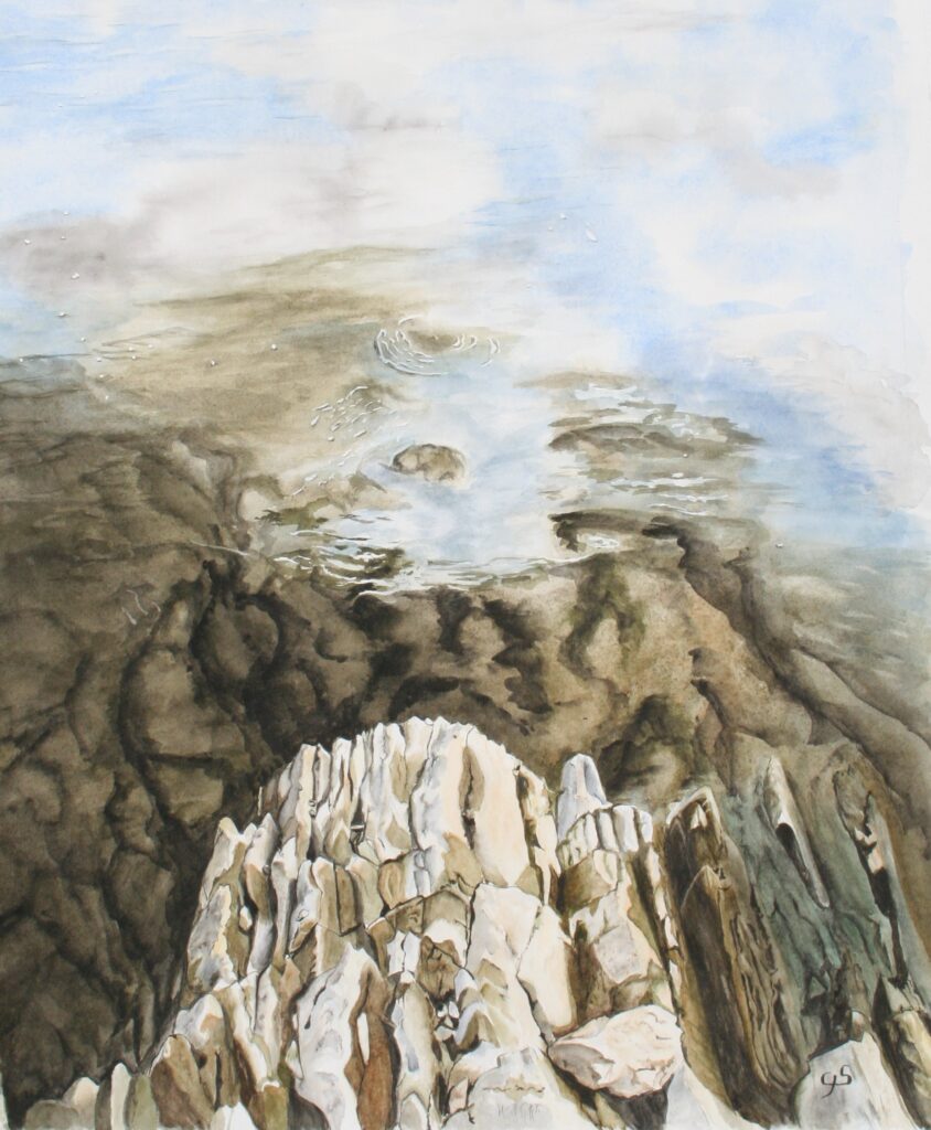 Pierre de Loire, aquarelle marquant les reflets du ciel sur les pierres de la Loire