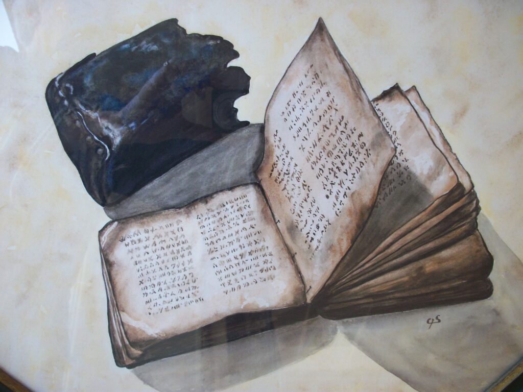 Aquarelle détaillée représentant une bible en langue guése