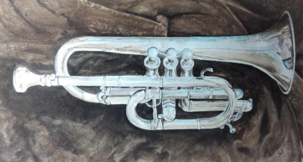 Aquarelle d'un bugle Courtois captant les reflets