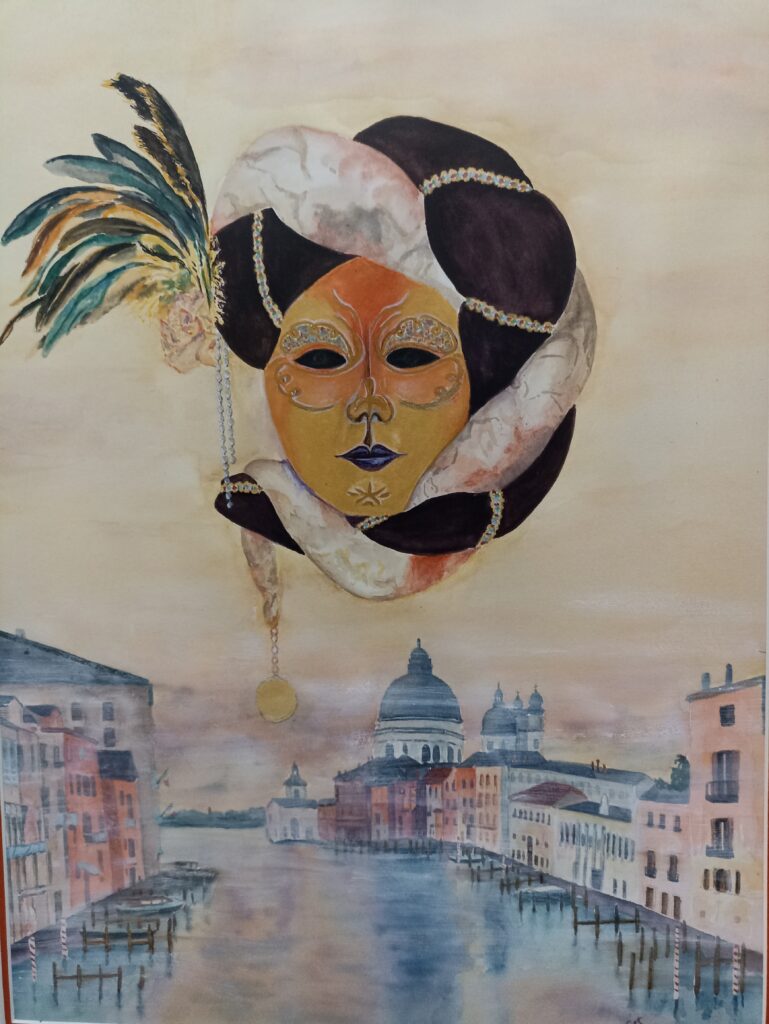 Aquarelle sur papier Arche satiné, masque vénitien avec Venise dans la brume en arrière-plan