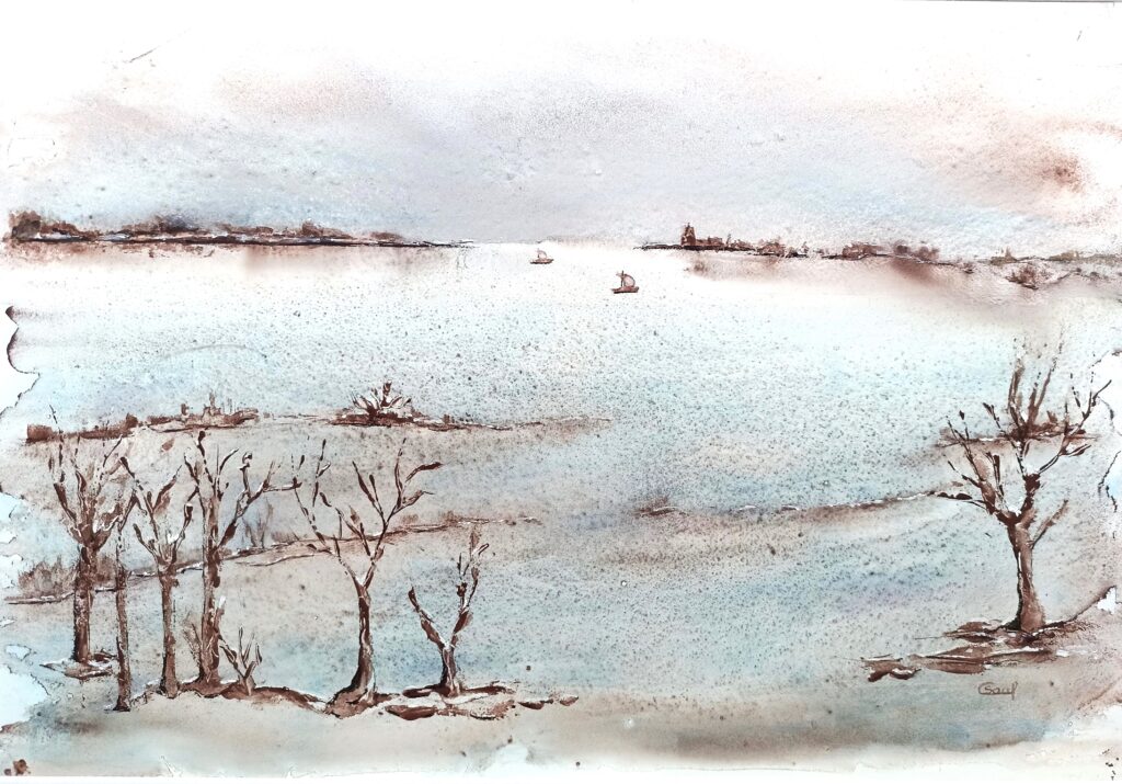 Au loin, deux gabares sur une Loire hivernale