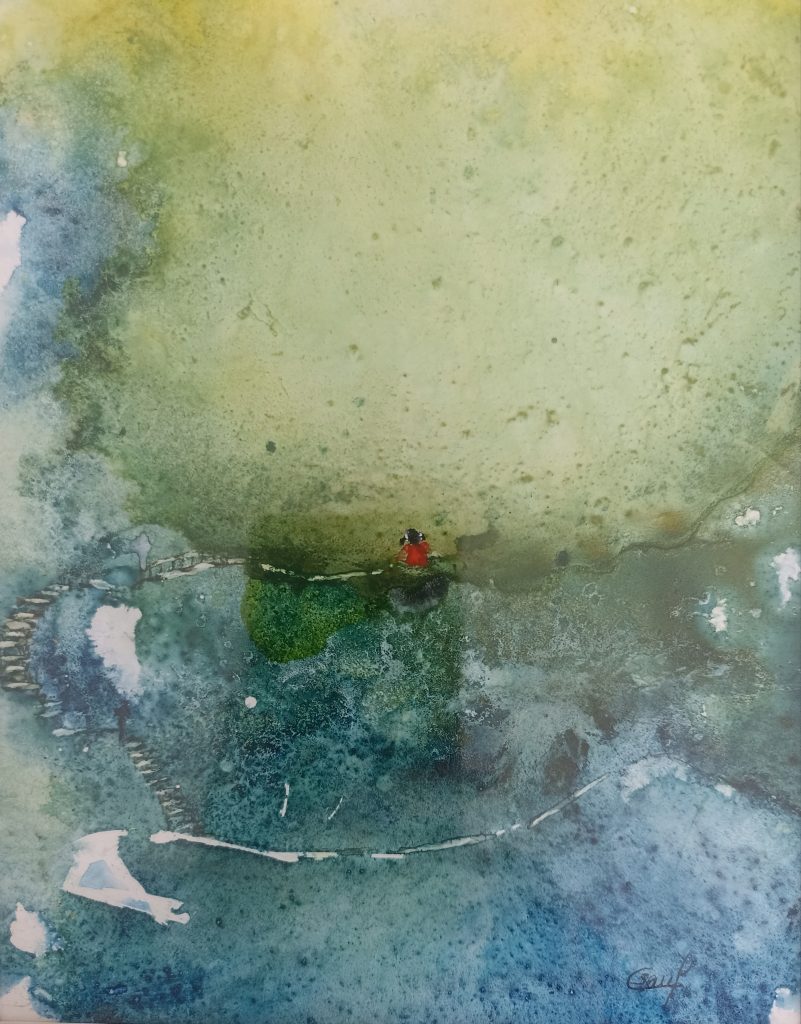 Aquarelle sur Lanavanguard, personnage contemplant l'immensité